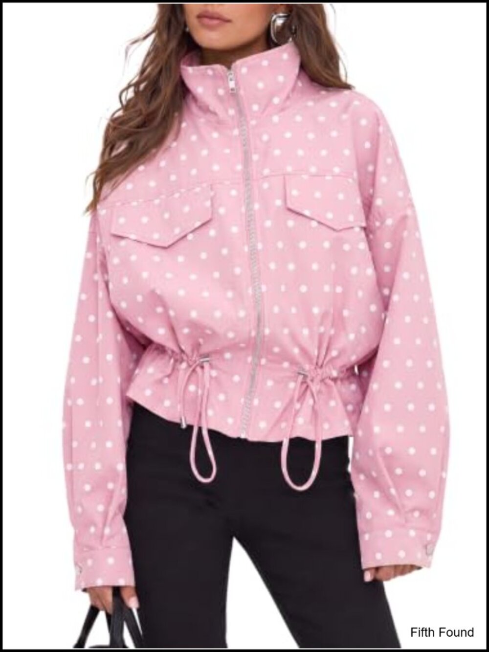 Zip Up Casual Jacket Polka Dot Drawstring Oversized Long Sleeve Fall Coat